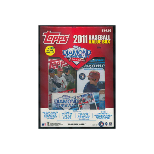 Get ready to hit a home run with the 2011 Topps Baseball Value Box! This value-packed box includes all the features of the 2011 Topps Baseball set, including rookie cards, autographs, and exclusive inserts. Don't miss out on this must-have for any baseball fan.