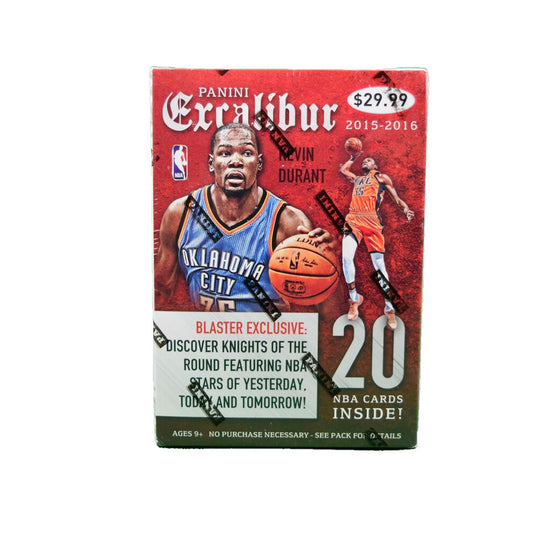 2015-16 Panini Excalibur Basketball Blaster Box Experience the thrill of pulling rare collectables with the 2015-16 Panini Excalibur Basketball Blaster Box. Perfect for any NBA enthusiast, this box contains 20 total cards. Open them up and uncover basketball history!