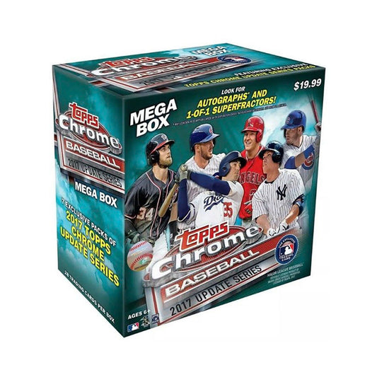 2017 Topps Chrome Update Baseball Mega Box Experience the thrill of collecting 2017 Topps Chrome Update Baseball cards with this Mega Box! You will receive 7 packs of 4 cards each, featuring the year's top rookies, all-stars, and even special variations! Collect them all and join the chase!