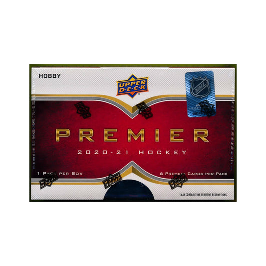 2020-21 Upper Deck Premier Hockey Hobby Box Discover the world of hockey with the 2020-21 Upper Deck Premier Hockey Hobby Box! Each box features 6 cards per pack. Get ready for a season of non-stop action and collectable moments!