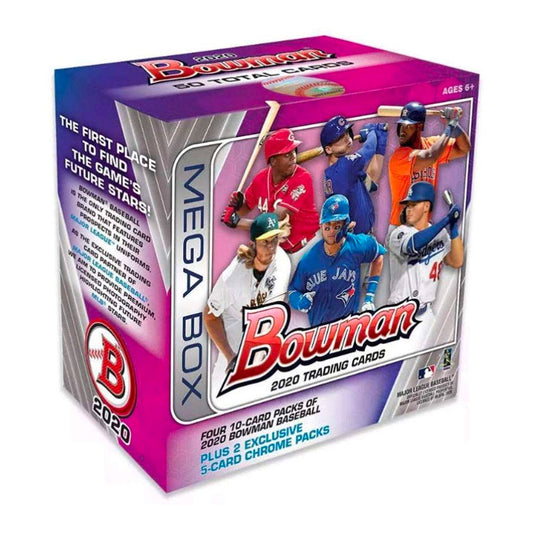 2020 Bowman Baseball Mega Box The 2020 Bowman Baseball Mega Box is here and ready to help you take your baseball collection to the next level! With this box, you can find exclusive autograph cards and rookies of the biggest MLB stars. Load up on all-new inserts and the chance to score the hottest prospects and brightest stars. Don't miss your chance to beat the competition with the 2020 Bowman Baseball Mega Box!