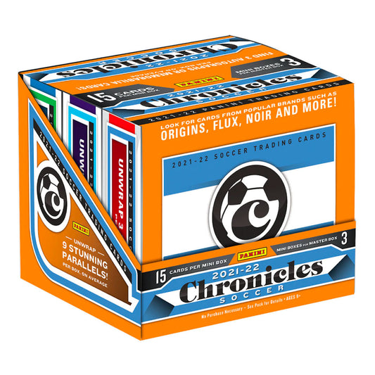 2021-22 Panini Chronicles Soccer Hobby Box Revel in soccer action with this 2021-22 Panini Chronicles Soccer Hobby Box! It brings you 3 packs of 15 cards each. Get ready for amazing soccer moments with this vibrant collection of player cards!