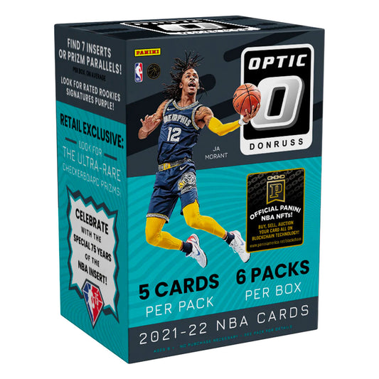 2021-22 Panini Donruss Optic Basketball Blaster Box Grab a piece of the action with the 2021-22 Panini Donruss Optic Basketball Blaster Box! This box is packed full of exciting NBA content from Panini Donruss, giving you an opportunity to find unique and rare cards featuring current and all-time greats. Collect your favorite players and build your collection with this exciting blaster box!