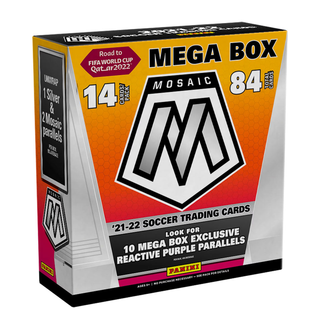 2021-22 Panini Mosaic Road To The World Cup Soccer Mega Box The 2021-22 Panini Mosaic Road To The World Cup Soccer Mega Box is here! Get ready to experience all of the twists and turns of one of the biggest tournaments in the world. This Mega Box features an amazing collection of cards with players from all 32 nations participating. Start your collection and follow the Road To The World Cup!