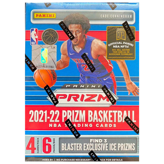 2021-22 Panini Prizm Basketball Blaster Box Experience the thrill of opening the 2021-22 Panini Prizm Basketball Blaster Box! Pull 6 hot packs, each containing 4 cards featuring today's hottest players entering the 2021-22 season. Feel the excitement of discovering on-card autographs and rare Prizm Parallels. Bring the game to life with the 2021-22 Panini Prizm Basketball Blaster Box!