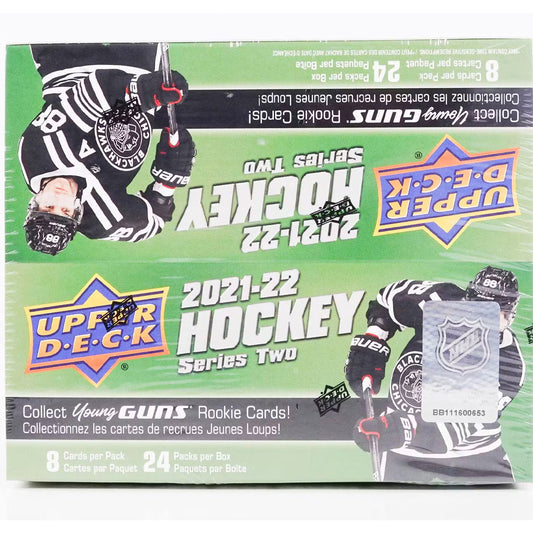 Discover your favorite hockey superstars with the 2021-22 Upper Deck Series 2 Hockey Retail Box. This exciting box uncovers some of the biggest names in the NHL, guaranteeing you a perfect addition to your collection! Get an adrenaline rush by opening up this box and discovering the stars of today and tomorrow!  2021-22 Upper Deck Series 2 Hockey Retail Box