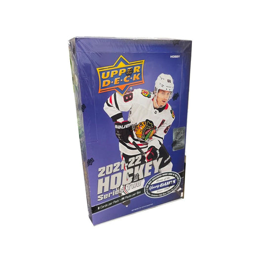 2021-22 Upper Deck Series Two Hockey Hobby Box Relive the excitement of the ice with the 2021-22 Upper Deck Series Two Hockey Hobby Box! Unwrap 24 packs of 8 cards each for a total of 192 cards. Enjoy collecting the legendary stars of today and tomorrow, plus on-card autographs and countless rare inserts! Open the box and get ready for the thrill of hockey card collecting!