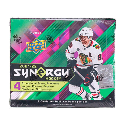 2021-22 Upper Deck Synergy Hockey Hobby Box Experience 2021-22 Upper Deck Synergy Hockey like never before! This special edition hobby box is packed with 8 packs of 3 cards each, featuring the biggest stars of the league! Enjoy all the excitement of collecting NHL cards, to build a set that's as unique as you are. Get your 2021-22 Upper Deck Synergy Hockey Hobby Box now!