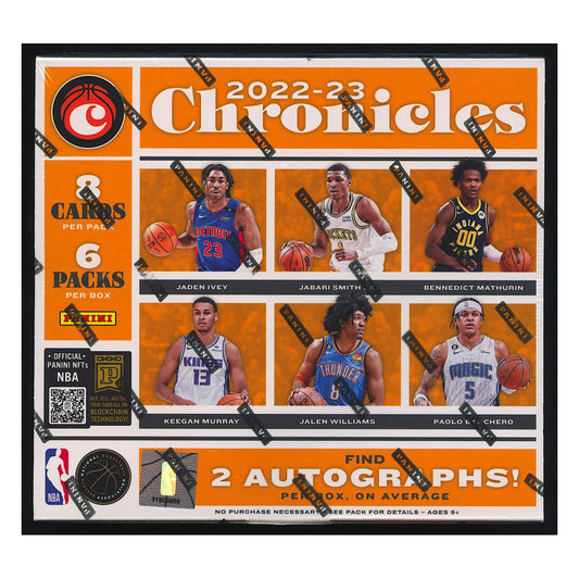 2022-23 Panini Chronicles Basketball Hobby Box Unlock the future with the 2022-23 Panini Chronicles Basketball Hobby Box! Featuring 8 cards per pack, this box is your gateway to a wide range of rookies, stars, and Hall of Famers, guaranteed to excite any basketball fan. Get ready to experience the thrill and anticipation of opening sports cards like never before!