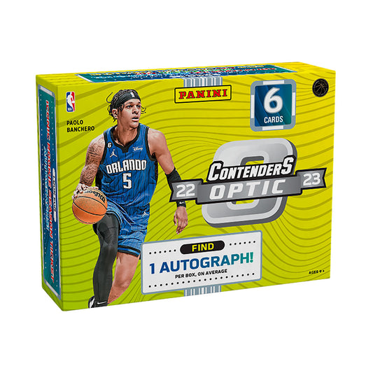 2022-23 Panini Contenders Optic Basketball Hobby Box Discover the best of the best with the 2022-23 Panini Contenders Optic Basketball Hobby Box! Collect the greatest stars in the league with high-end hits and Opti Chrome technology. Feel the energy of the court with vibrant designs and vibrant colors that highlight the beauty of the game. Get ready to see greatness unfold!