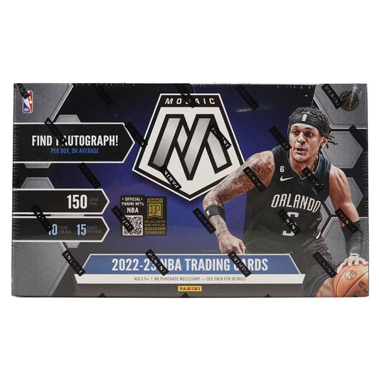 2022-23 Panini Mosaic Basketball Hobby Box Experience the excitement of 2022-23 Panini Mosaic Basketball with this spectacular Hobby box! Get 10 packs of 15 cards, including 1 autograph card, all from the new Mosaic collection! Take the court and find yourself immersed in the thrill of the game. Don't miss out on this box full of possibilities and intrigue!