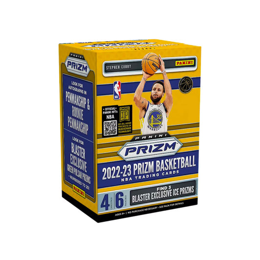 2022-23 Panini Prizm Basketball Blaster Box Unlock the excitement of 2022-23 Panini Prizm Basketball with a Blaster Box! Each box includes 6 packs of 4 cards, so open up and discover hot rookies, autographs, inserts, and more. Dive deep and begin the hunt for that elusive prizm parallel, and bask in the glory of success that awaits you!