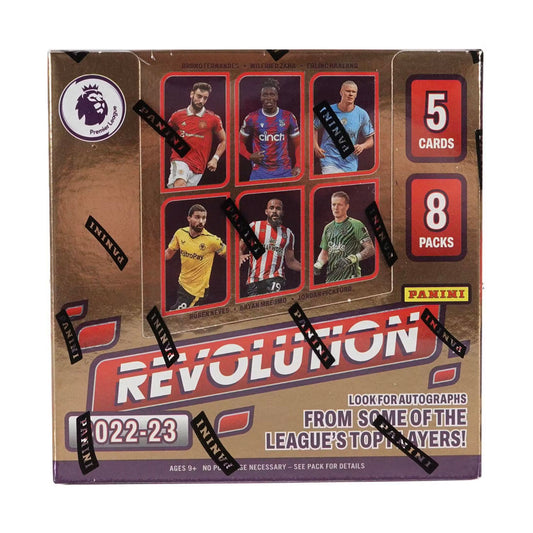 Experience premier soccer every time with the 2022-23 Panini Revolution EPL Soccer Hobby Box! Loaded with the highest quality cards and the star power of Europe's best, you'll be wow'd by the action and incredible visuals. Collect your favorite players and teams now!