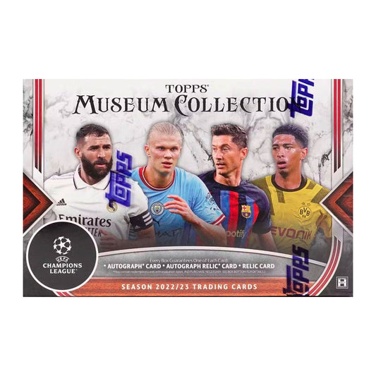 Experience the glory of Europe's elite competition with the 2022-23 Topps Museum Collection UEFA Champions League Hobby Box! This box features a selection of memorabilia cards and autographs of the world's top champions, bringing the excitement and thrill of the tournament to your collection! So don't wait, join the celebration and take home your box today!