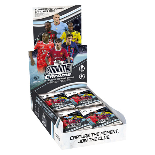 2022-23 Topps UEFA Stadium Club Chrome Soccer Hobby Box Experience UEFA soccer like never before with the 2022-23 Topps UEFA Stadium Club Chrome Soccer Hobby Box! With this box, get 20 packs of exclusive UEFA Chrome cards, along with 2 Chrome Futures inserts for an exciting and exclusive collection of soccer cards. This box will ignite your soccer passion – don’t miss out!