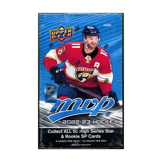 2022-23 Upper Deck MVP Hockey Hobby Box Unlock the thrill of the ice with a 2022-23 Upper Deck MVP Hockey Hobby Box! Experience high-end collectibles with your favorite NHL stars and chase hot inserts and autographs. Enjoy a chance at unique parallels and chase rare MVP cards! Don't miss your chance to take home the ultimate hockey card prize!