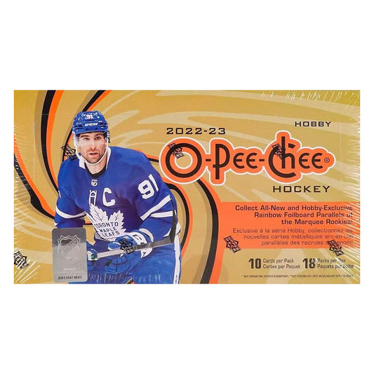 Feel the heart-pounding thrill of the ice and open up a box of 2022-23 Upper Deck O-Pee-Chee Hockey Hobby Boxes! Enjoy the chance to pull your favorite stars, rookies, and autographs from this classic hockey trading card set. With each box, experience the nostalgia for yourself and discover the possibility of the unknown! Get your box today and find the card you've been dreaming of!