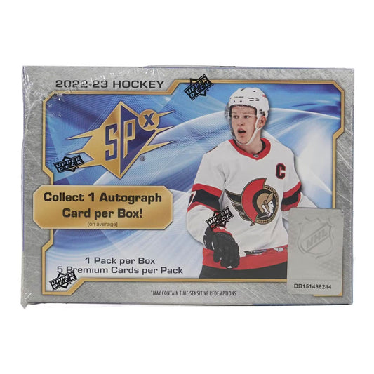 2022-23 Upper Deck SPX Hockey Hobby Box Experience the thrill and excitement of 2022-23 Upper Deck SPX Hockey Hobby Box! Unleash the power of your favorite players and collect exclusive cards for your collection. With this box, you'll have access to rare and valuable cards that will make any fan jealous. Don't miss out on this must-have for hockey enthusiasts!