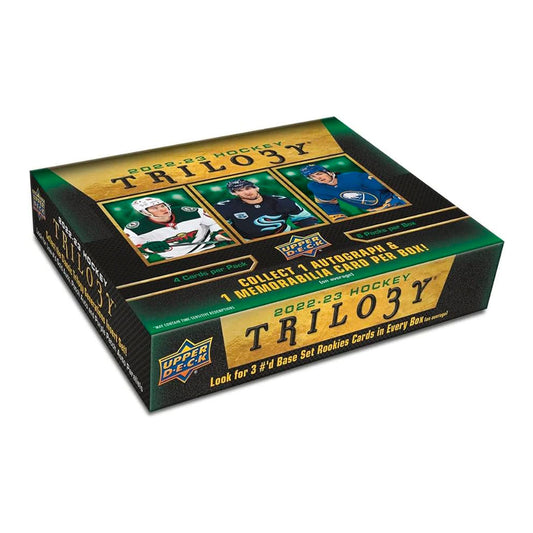 2022-23 Upper Deck Trilogy Hockey Hobby Box Root for your team with the 2022-23 Upper Deck Trilogy Hockey Hobby Box! This collection of premium hockey cards features exclusive holographic designs, guaranteed autograph or relic cards, and randomly inserted special inserts. Get the rarest cards in the market, experience a new level of collectability, and build a priceless portfolio today!