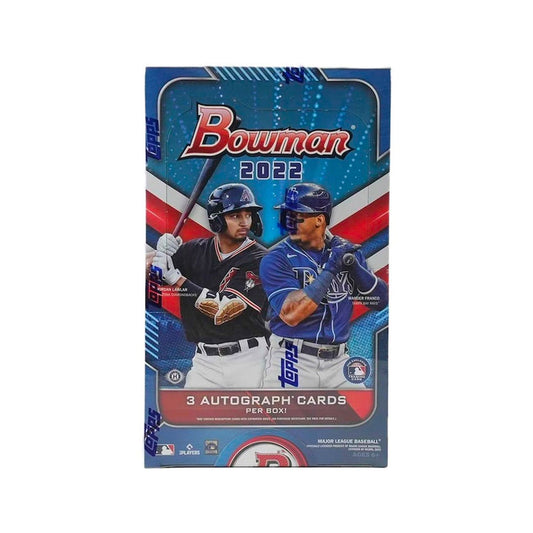 2022 Bowman Baseball Jumbo HTA box Unlock 3 Autograph Cards per box with the 2022 Bowman Baseball Jumbo HTA box! Each box guarantees two autograph relic cards and 4 exclusive HTA-only cards. Get ready for an exciting baseball experience!