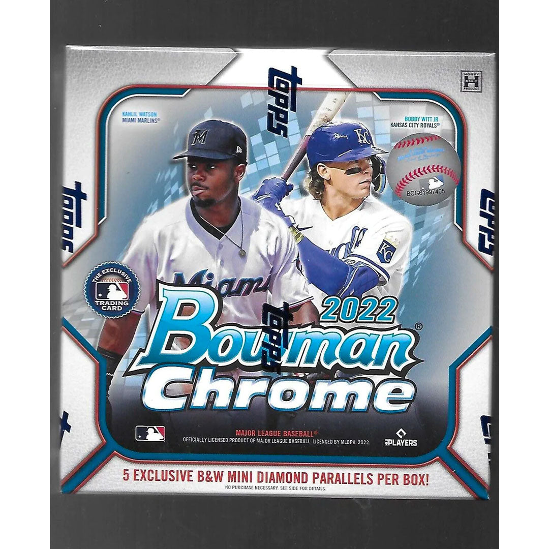 2022 Bowman Chrome Baseball Lite Box Discover the world of baseball collecting with the 2022 Bowman Chrome Baseball Lite Box! An exciting box filled with 10 sealed packs of 5 cards. Featuring unique chrome FOIL technology, each box guarantees 1 autographed card and 1 relic card, making each box a thrilling experience!