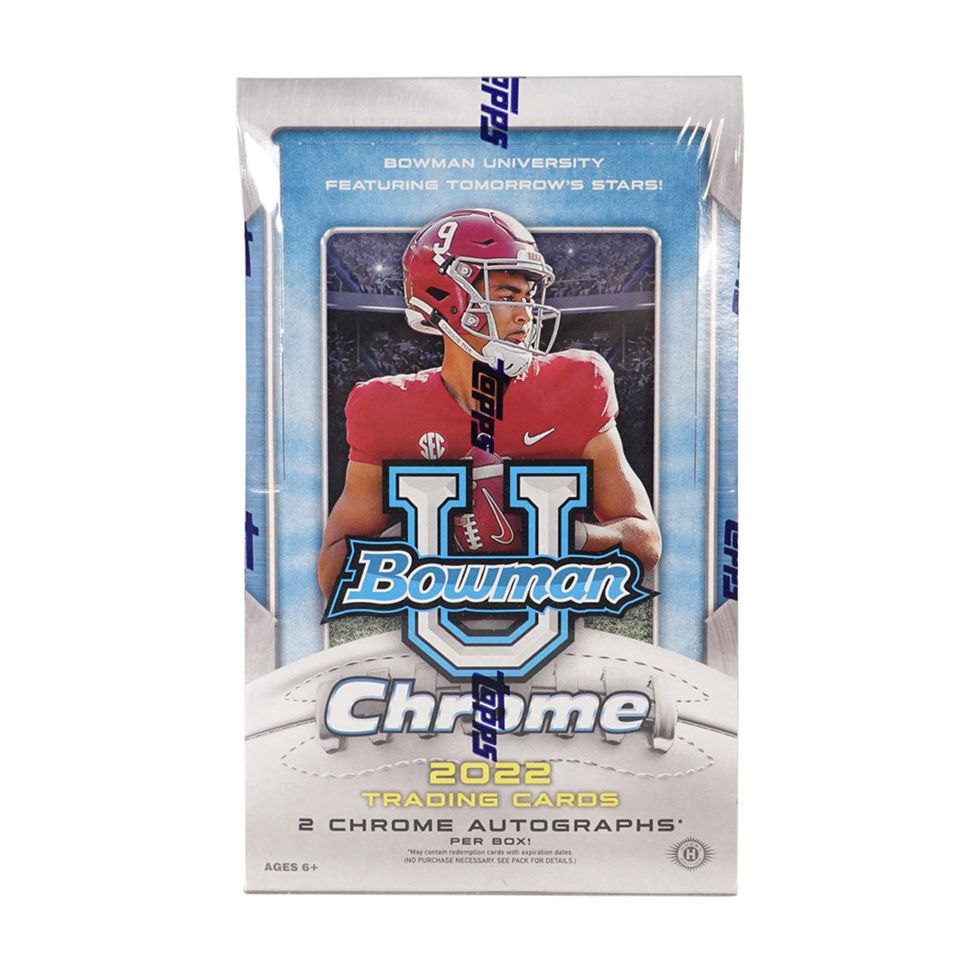 Unlock the excitement of college football with the 2022 Bowman Chrome University Football Hobby Box. Featuring top rookies and collegiate stars, this box offers the chance to discover promising talent before they hit the pros. Each pack delivers high-quality chrome cards with vibrant designs and potential autographs, making it a must-have for serious collectors and fans eager to boost their collection with premium, game-changing cards. Elevate your football card game today.