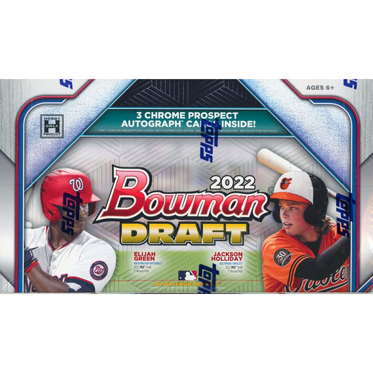 2022 Bowman Draft Baseball Jumbo Hobby Box Unwrap the excitement of 2022 Bowman Draft with the Bowman Draft Baseball Jumbo Hobby Box! This box features 12 packs with 32 cards each – that’s a total of 384 cards! Experience the thrill of opening packs of the newest draft class, all with game-changing potential and unique must-have designs. Collect all your favorite stars with the 2022 Bowman Draft Baseball Jumbo Hobby Box!