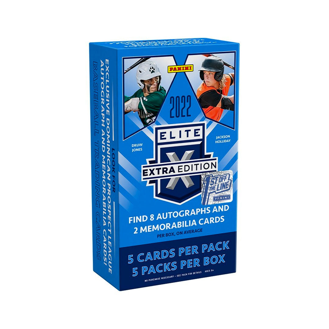 2022 Panini Elite Extra Edition Baseball 1st Off The Line Hobby Box Experience high-end collecting with the 2022 Panini Elite Extra Edition Baseball 1st Off The Line Hobby Box! Feast your eyes on 8 autograph or memorabilia cards per box, featuring the exciting rookie class with top prospects and future stars. Get your hands on the best Elite trading cards in the game!