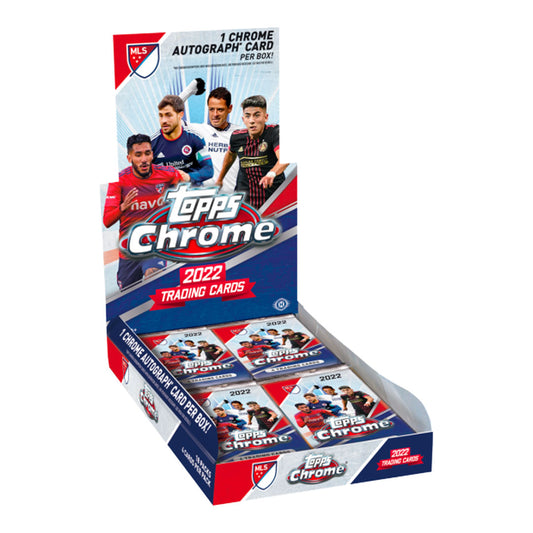 2022 Topps Chrome MLS Soccer Hobby Box Unlock the potential of 2022 with Topps Chrome MLS Soccer! This limited edition Hobby Box is packed with exclusive content, each card enhanced with the iconic Topps Chrome finish. Build your collection of rising stars - and score some of the hottest cards of the year!