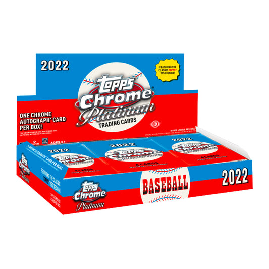 2022 Topps Chrome Platinum Anniversary Baseball Hobby Box Unlock an unparalleled collecting experience with the 2022 Topps Chrome Platinum Anniversary Baseball Hobby Box! Curate your very own collection of premier trading cards, featuring a handpicked selection of MLB's top stars and rookies in stunning chromium technology. Enjoy an exciting, exclusive collecting journey with every box!