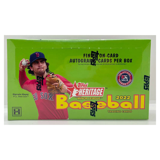 2022 Topps Heritage Minor League Baseball Hobby Box Discover the excitement and nostalgia of a classic Topps Baseball trading card with the 2022 Topps Heritage Minor League Baseball Hobby Box. With 18 packs per box, each pack includes 1 autograph or relic card, and 1 base card parallel. Collect your favorite Minor League stars and relive the glory of the past with Topps Heritage!