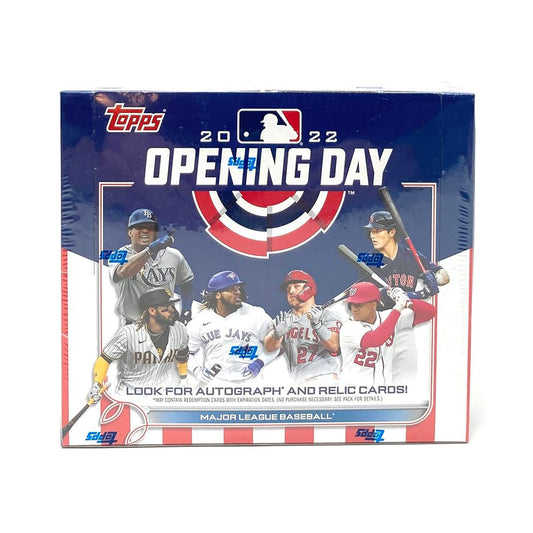 2022 Topps Opening Day Baseball Hobby Box Discover the excitement of the 2022 baseball season with the Topps Opening Day Baseball Hobby Box. Each box contains 36 packs of six (6) cards, with a unique selection of players from this year's hottest teams. Open the box to find thrilling exclusive inserts and autographs, with the chance of uncovering a limited-edition parallel!