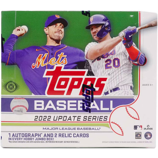 2022 Topps Update Jumbo Baseball Hobby Box Experience the thrill of the 2022 Major League Baseball season with the Topps Update Jumbo Baseball Hobby Box! Get 10 packs of 46 cards plus an exclusive Jumbo Relic and a pair of autograph cards in each box - a limited-edition treat for any baseball fan! Enjoy the excitement of opening the box and discovering all the exclusive content.