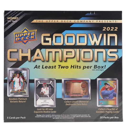 2022 Upper Deck Goodwin Champions Hobby Box Unlock the mystery and excitement of 2022 Upper Deck Goodwin Champions with this amazing hobby box! Inside you'll find a wealth of sports memorabilia, autographs, and rare cards, all guaranteed to be in near-mint condition, helping you to build your collection in style. Get yours today and upgrade your collection!