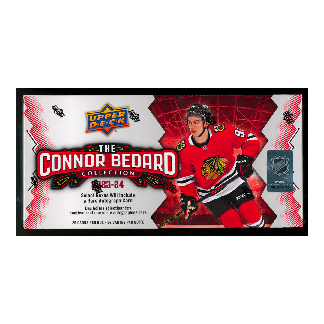 Experience the future of hockey with the 2023-24 Upper Deck Connor Bedard Collection Box! This limited edition box features exclusive cards of the up and coming star, Connor Bedard, showcasing his dynamic skills and potential as the next big name in the NHL. Don't miss out on your chance to own a piece of history and be ahead of the game!