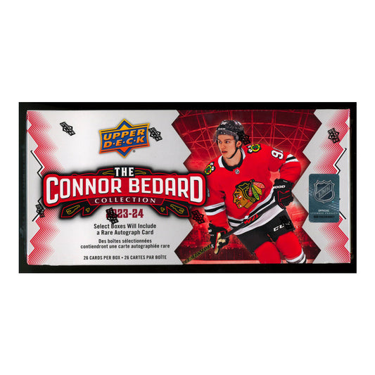 Experience the future of hockey with the 2023-24 Upper Deck Connor Bedard Collection Box! This limited edition box features exclusive cards of the up and coming star, Connor Bedard, showcasing his dynamic skills and potential as the next big name in the NHL. Don't miss out on your chance to own a piece of history and be ahead of the game!