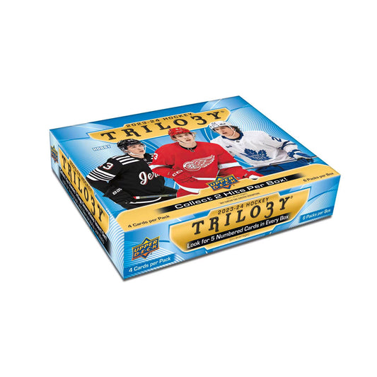 Introducing the 2023-24 Upper Deck Trilogy Hockey Hobby Box! Experience the thrill of collecting highly sought-after cards from this premium set. With stunning designs and limited edition inserts, this box guarantees a valuable addition to your collection. Don't miss out on the excitement - order now!