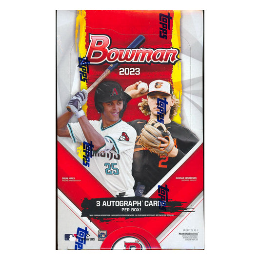 2023 Bowman Baseball Jumbo HTA Box Experience all the excitement of 2023 Bowman Baseball with this Jumbo HTA Box! Get 32 cards in each pack, with at least 3 autograph or memorabilia cards guaranteed in each box. Start your collection off right and order now!