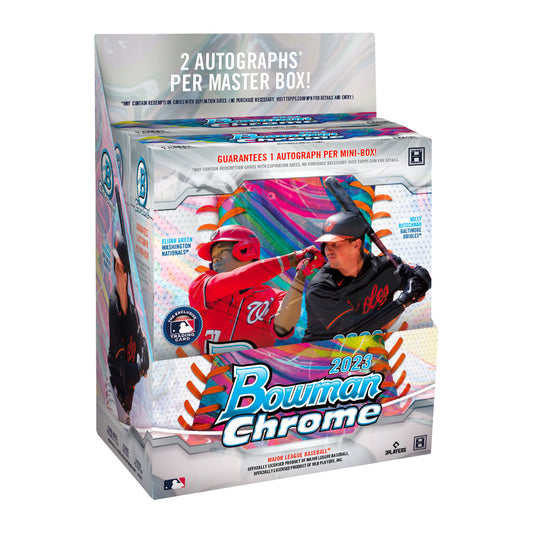 2023 Bowman Chrome Baseball Hobby Box Discover all the amazing inserts and player cards you can find in 2023 Bowman Chrome Baseball Hobby Box. Featuring all the top stars and prospects of the MLB, this hobby box is the perfect way to build your collection! Open the box to find loads of future superstars!