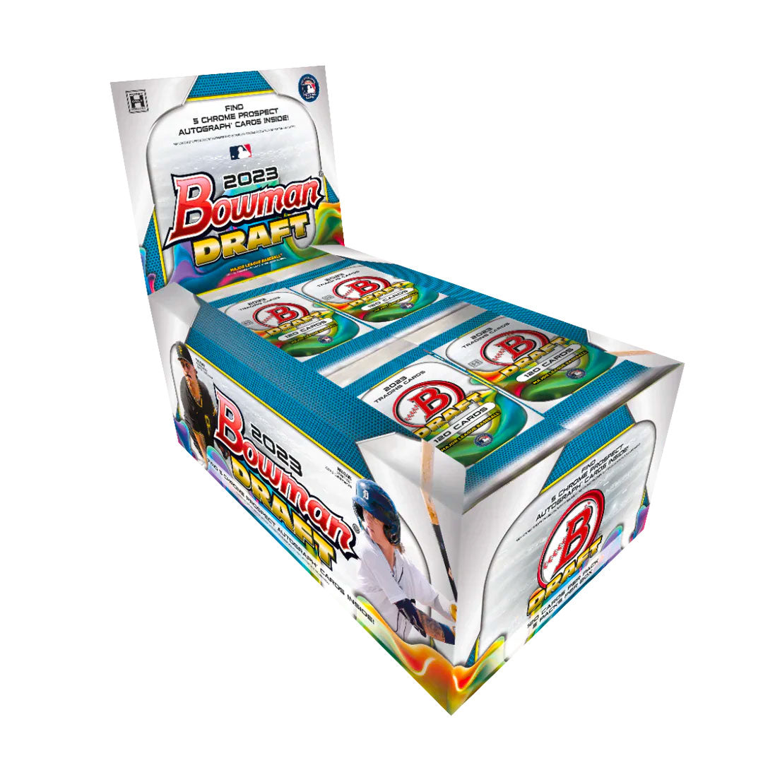 2023 Bowman Draft Baseball Super Jumbo Box Experience the thrill of the 2023 Bowman Draft with a Super Jumbo Box! Loaded with 5 packs and 120 cards per pack, it's the perfect way to get a jump start on your collection. Unwrap the best rookie cards the draft has to offer and find your next favorite ballplayer. Get ready to feel the excitement!