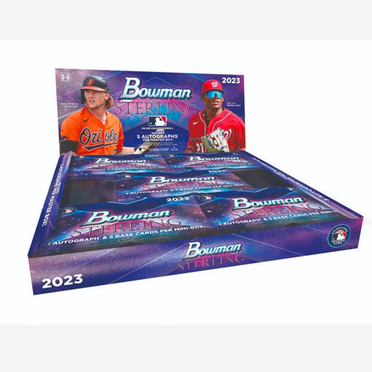 2023 Bowman Sterling Baseball Hobby Box Discover the future of baseball with the 2023 Bowman Sterling Baseball Hobby Box! Get 5 packs of cards, including 5 Autographs! Unwrap the future of baseball today!