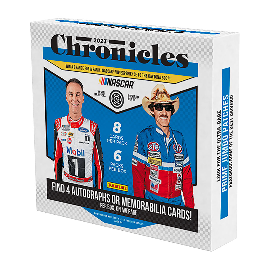 2023 Panini Chronicles Racing Hobby Box Get ready for an adrenaline-fueled racing experience with the 2023 Panini Chronicles Racing Hobby Box! With a diverse collection of racing cards and exclusive inserts, this box is guaranteed to thrill any racing fan. Add it to your collection or start a new one - either way, you won't want to miss out!