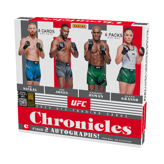 2023 Panini Chronicles UFC Hobby Box Experience the intensity of the octagon with the 2023 Panini Chronicles UFC Hobby Box! Enjoy 6 packs of 8 cards each, packed with exclusive autographs, memorabilia, and parallels. Feel the excitement of every fight with this unique collector's item!