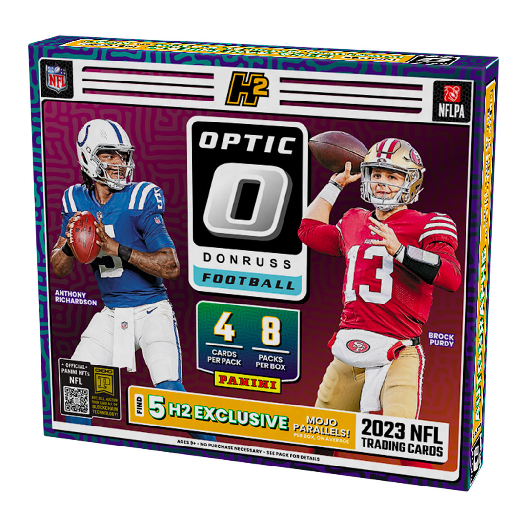 This high-quality and collectible 2023 Panini Donruss Optic Football Hobby Hybrid H2 Box is a must-have for any football fan or collector! With its impressive design and features, including exclusive hybrid inserts and autographs, this box offers an exciting opportunity to enhance your collection and support your favorite team. Don't miss out on this limited edition release – order yours today!