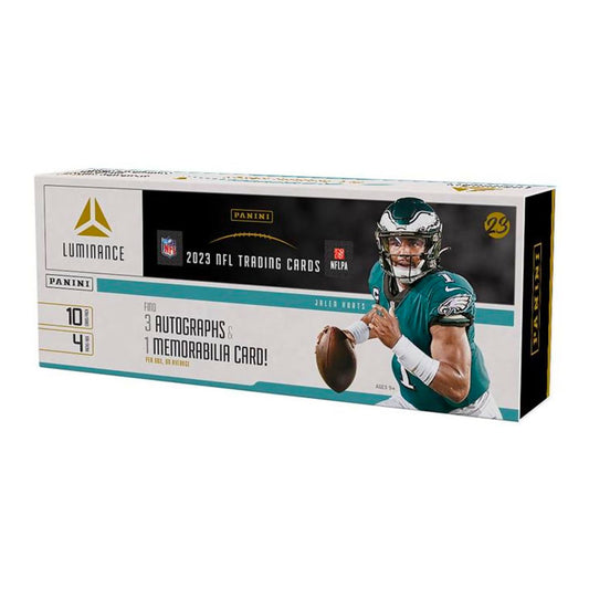 2023 Panini Luminance Football Hobby Box Unwrap the thrill of 2023 Panini Luminance Football! This exciting hobby box will bring you closer to the players and teams with stunning design, autograph and relic cards. Celebrate the 2023 football season with a box of cards today!