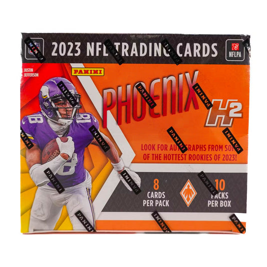 2023 Panini Phoenix Football H2 Box Elevate your football card collection with the 2023 Panini Phoenix Football H2 Box! This box features top-of-the-line cards from the 2023 season, including fiery holographic inserts and rare autographed cards. Don't miss your chance to own these highly coveted cards!