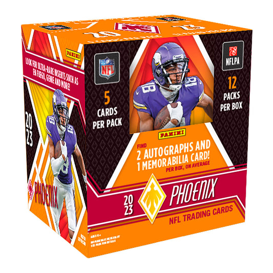 2023 Panini Phoenix Football Hobby Box "The ultimate box for all NFL fans! Get your hands on the highly anticipated 2023 Panini Phoenix Football Hobby Box, featuring thrilling inserts, autographs, and memorabilia cards. Don't miss out on this electrifying collection that will bring your football experience to the next level!"