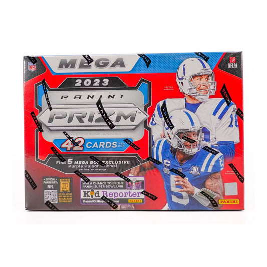 2023 Panini Prizm Football Hobby Mega Box Experience the thrill of 2023 Panini Prizm Football! With the hobby mega box, you'll get the rare opportunity to collect and trade some of the most coveted football cards on the market. Enjoy the stunning designs, vibrant colors, and top players featured in every pack. Elevate your football collection today!