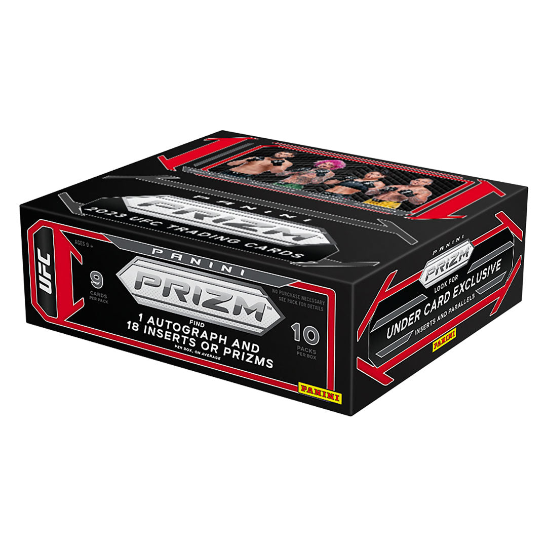 2023 Panini Prizm UFC Under-Card Hobby Box Experience the thrilling action of the UFC with the 2023 Panini Prizm Under-Card Hobby Box! This box contains 10 packs with 9 cards per pack, featuring a variety of fighters and match-ups. Each card conjures the energy and excitement of the octagon with vivid art and sharp detail. Dive into the dynamic world of UFC and get your box today!