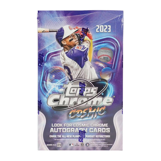 Discover the future of baseball with 2023 Topps Chrome Cosmic Baseball Hobby Box! Enjoy 24 packs of the most up-to-date cards, complete with stunning chrome technology, cutting-edge design, and specialized parallels. Get your hands on rare cards and exciting new collectibles today!